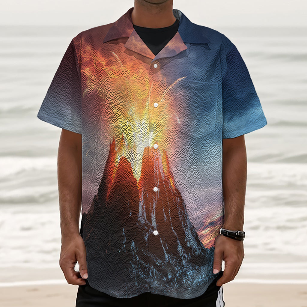 Erupting Volcano Print Textured Short Sleeve Shirt