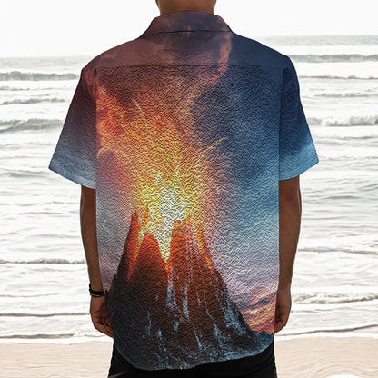 Erupting Volcano Print Textured Short Sleeve Shirt