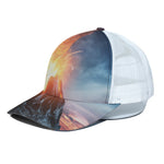 Erupting Volcano Print White Mesh Trucker Cap