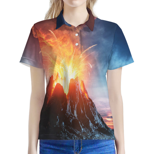 Erupting Volcano Print Women's Polo Shirt
