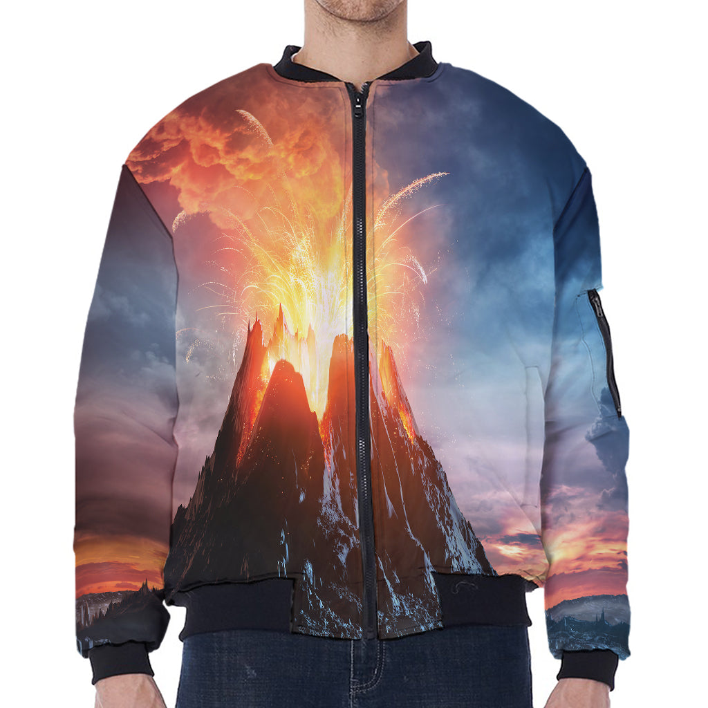 Erupting Volcano Print Zip Sleeve Bomber Jacket