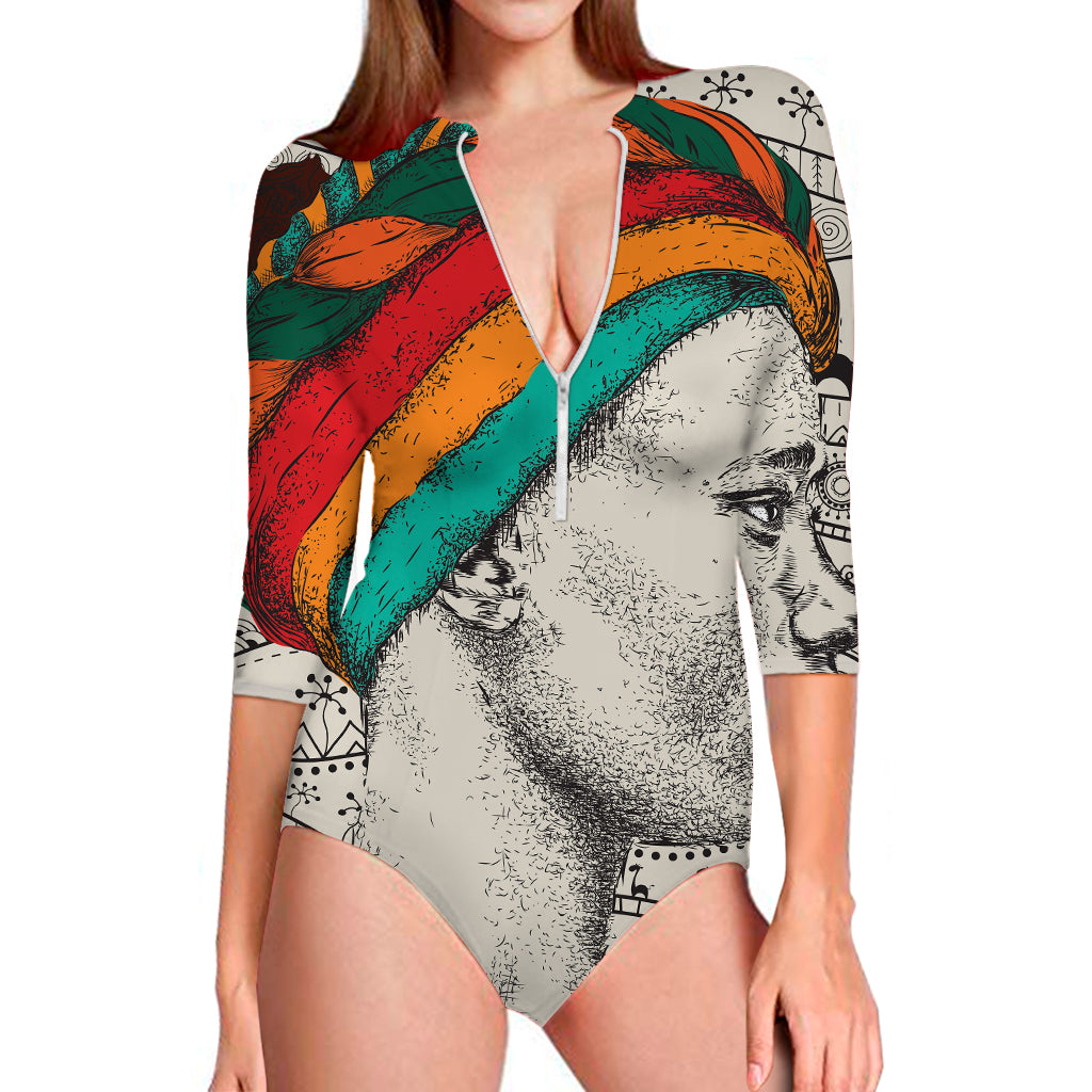 Ethnic African Girl Print Long Sleeve Swimsuit