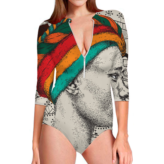 Ethnic African Girl Print Long Sleeve Swimsuit