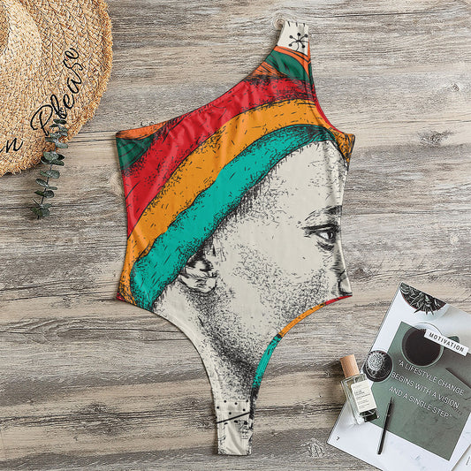 Ethnic African Girl Print One Shoulder Bodysuit