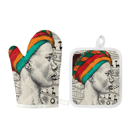 Ethnic African Girl Print Oven Mitt And Pot Holder Set