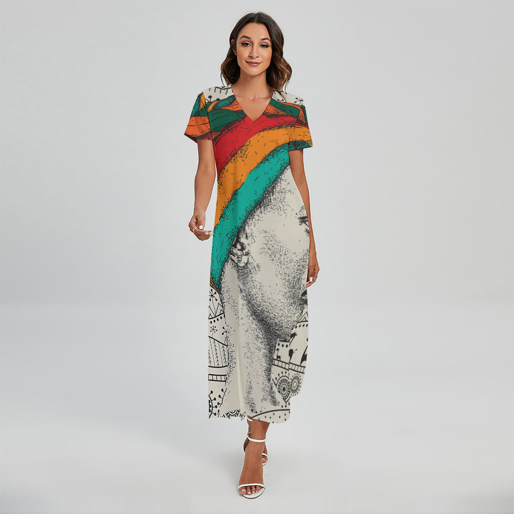 Ethnic African Girl Print Short Sleeve Maxi Dress