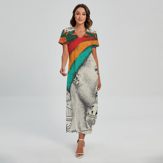 Ethnic African Girl Print Short Sleeve Maxi Dress