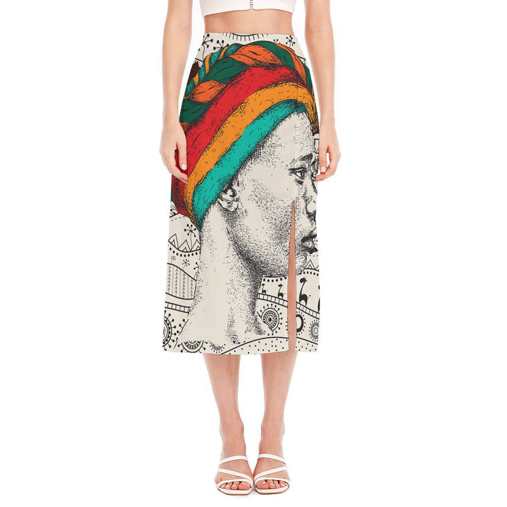 Ethnic African Girl Print Side Slit Midi Skirt