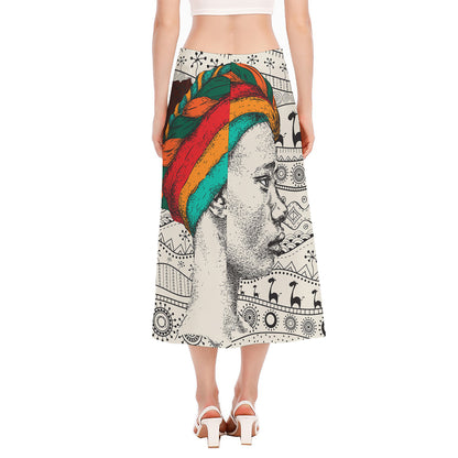 Ethnic African Girl Print Side Slit Midi Skirt