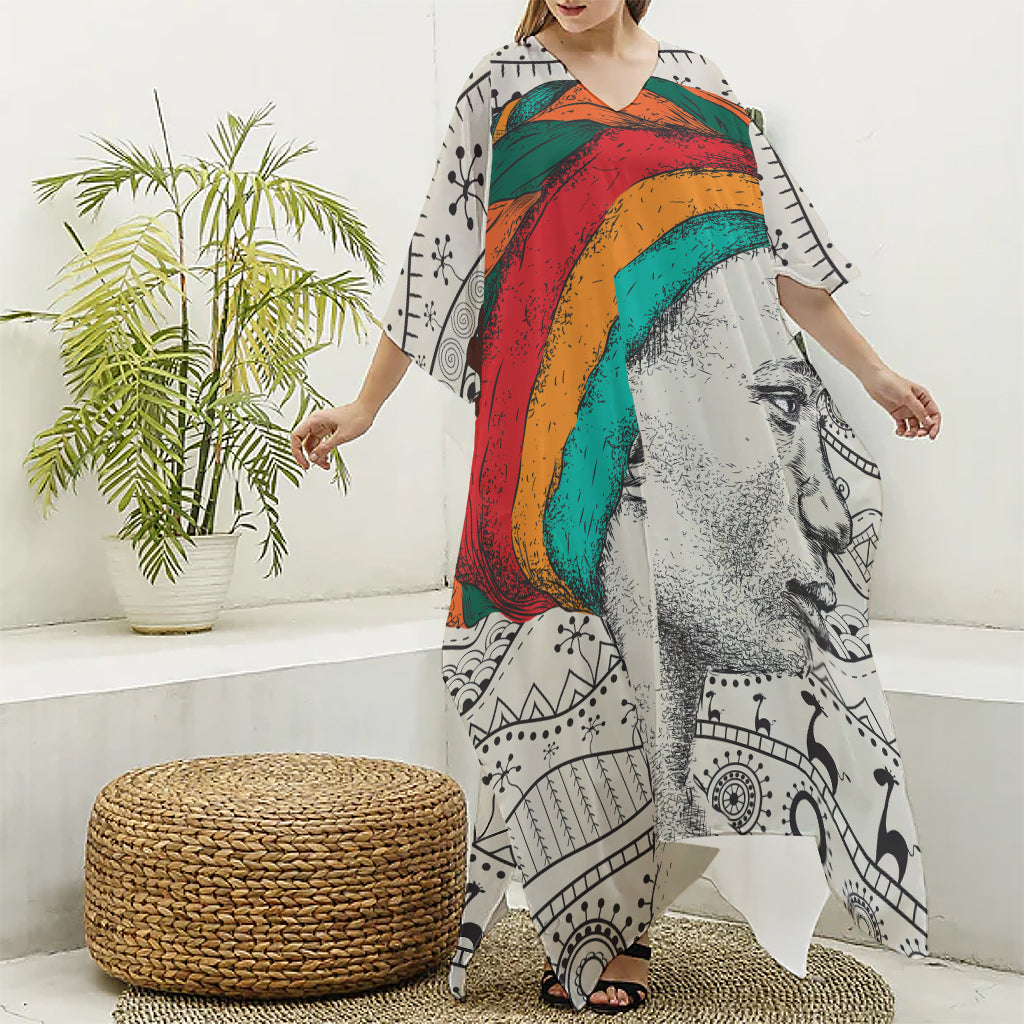 Ethnic African Girl Print Silk V-Neck Kaftan Dress