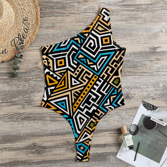 Ethnic Aztec Geometric Pattern Print One Shoulder Bodysuit