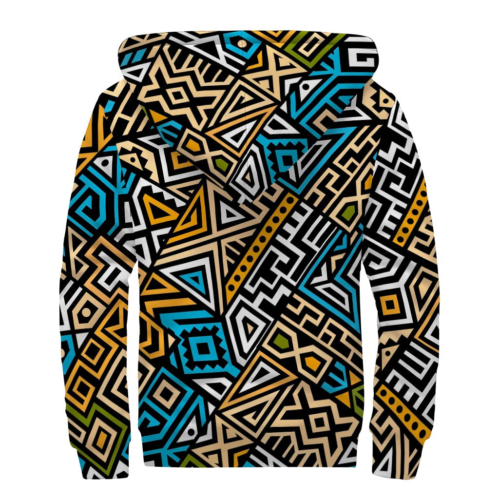 Ethnic Aztec Geometric Pattern Print Sherpa Lined Zip Up Hoodie