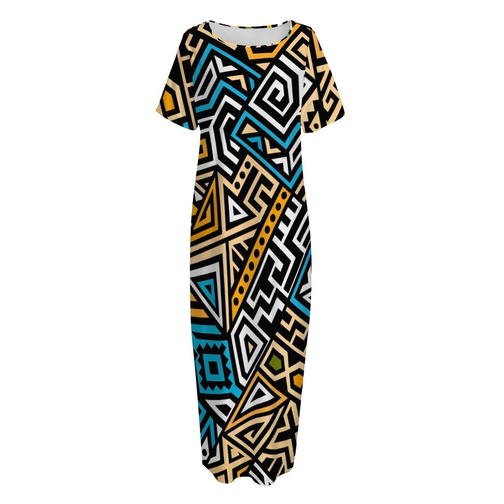 Ethnic Aztec Geometric Pattern Print Short Sleeve Long Nightdress