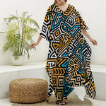 Ethnic Aztec Geometric Pattern Print Silk V-Neck Kaftan Dress