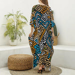 Ethnic Aztec Geometric Pattern Print Silk V-Neck Kaftan Dress