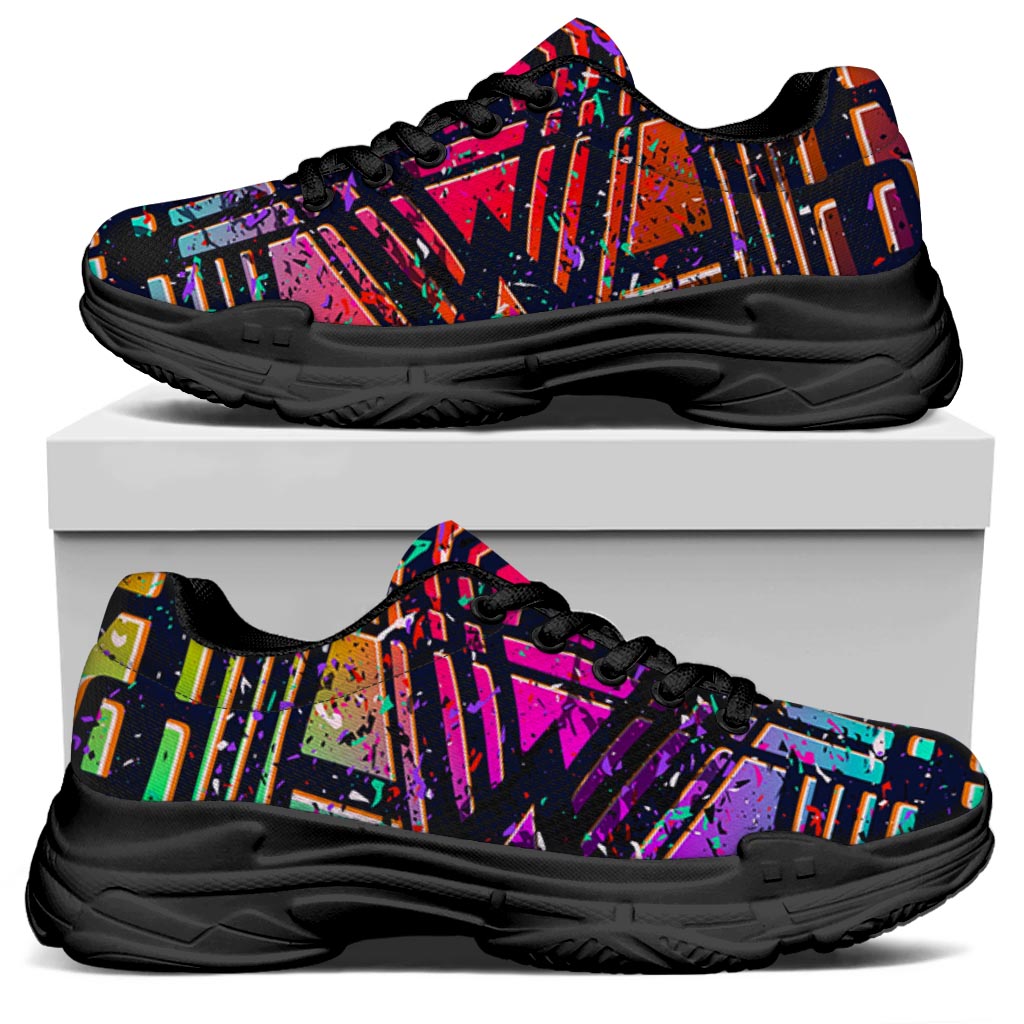 Ethnic Aztec Grunge Trippy Print Black Chunky Shoes