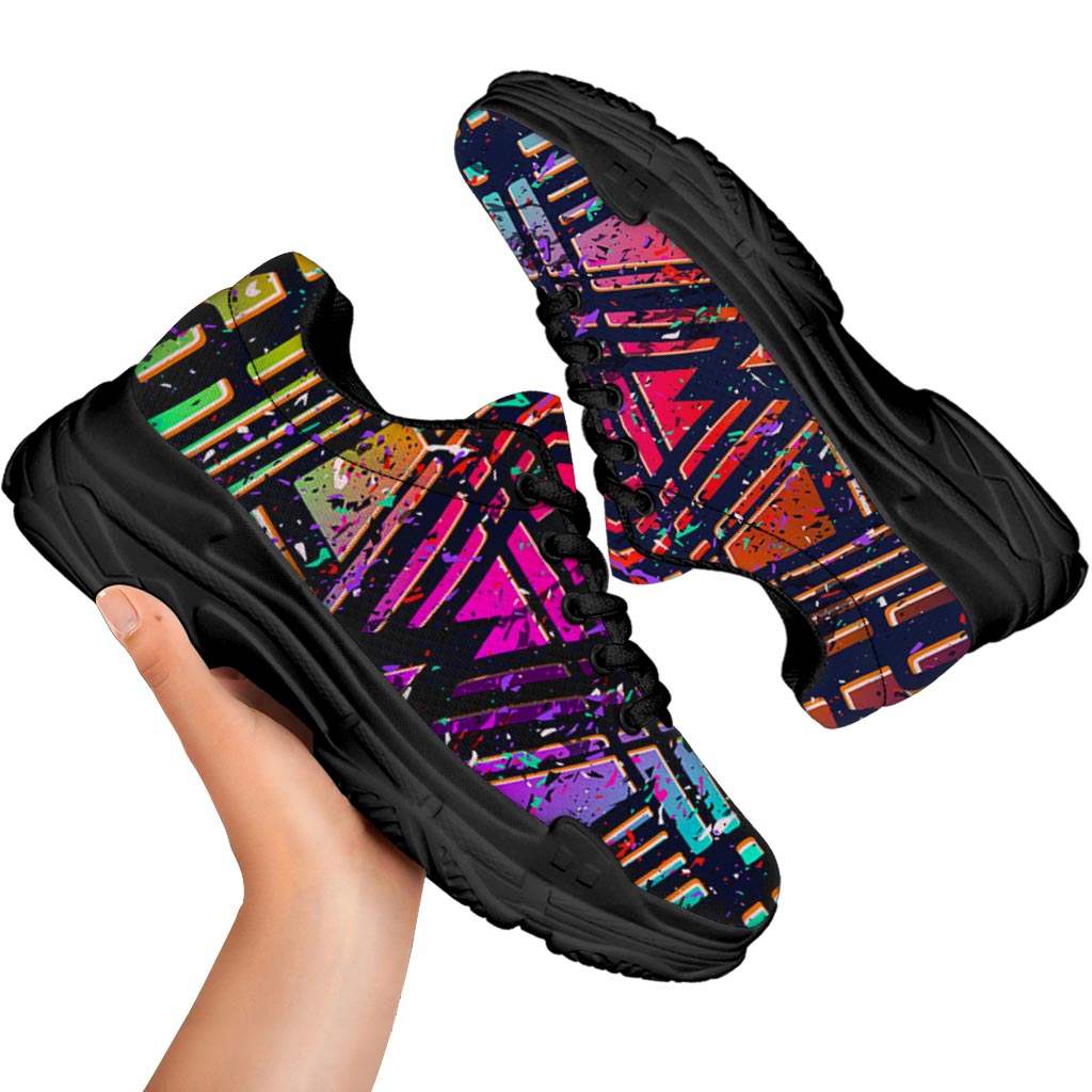 Ethnic Aztec Grunge Trippy Print Black Chunky Shoes