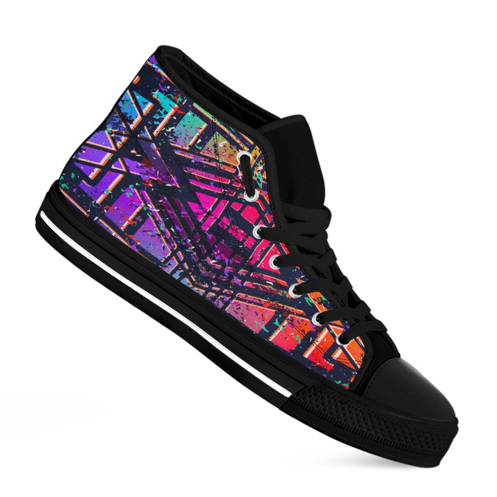 Ethnic Aztec Grunge Trippy Print Black High Top Sneakers