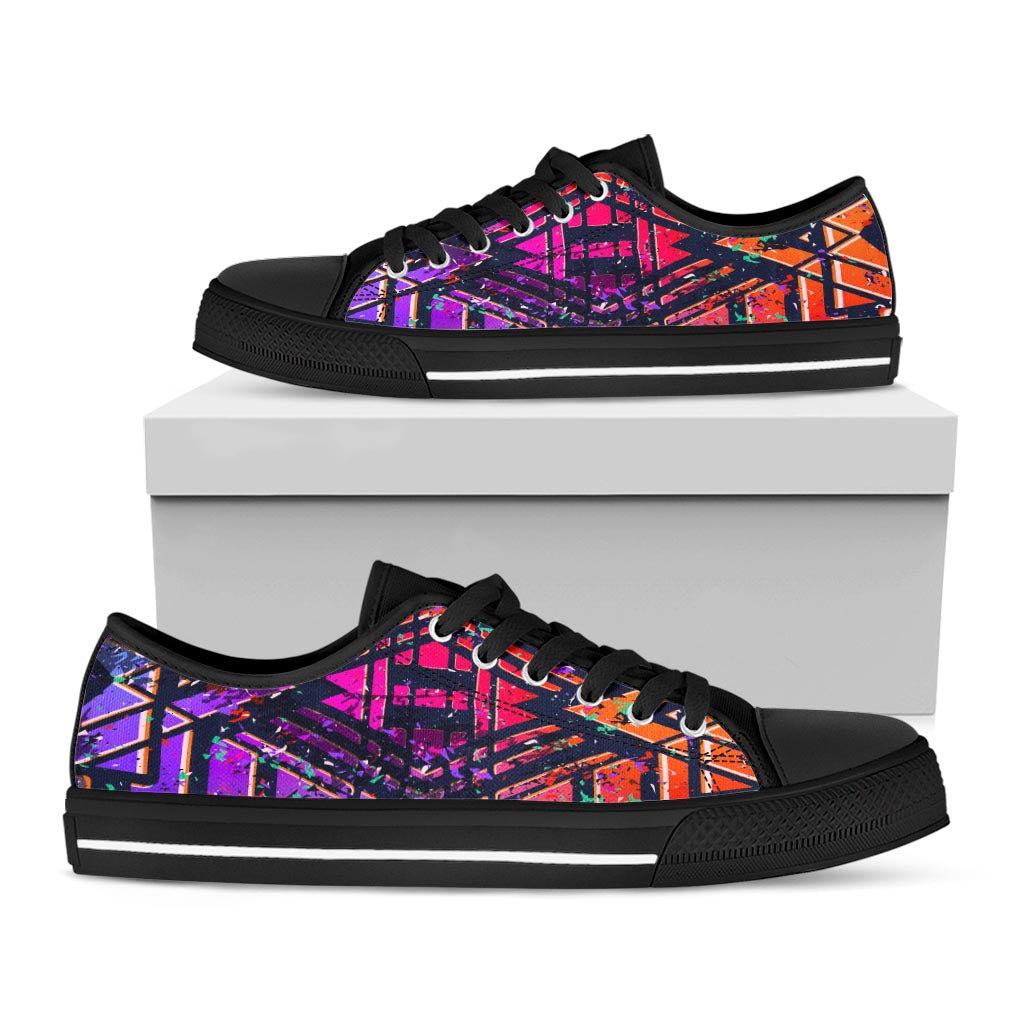 Ethnic Aztec Grunge Trippy Print Black Low Top Sneakers