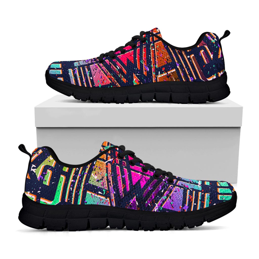 Ethnic Aztec Grunge Trippy Print Black Running Shoes