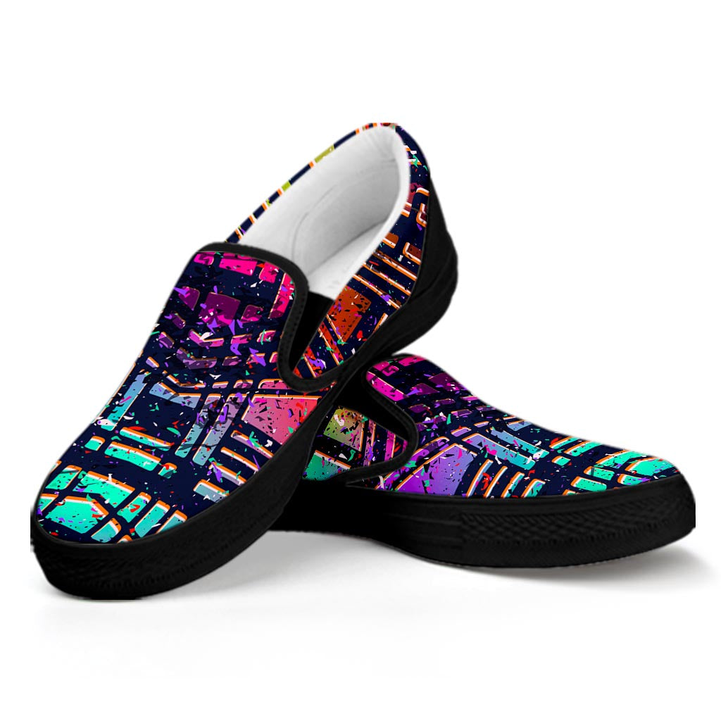 Ethnic Aztec Grunge Trippy Print Black Slip On Sneakers