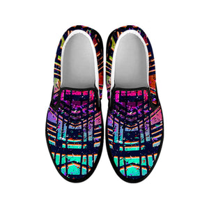 Ethnic Aztec Grunge Trippy Print Black Slip On Sneakers