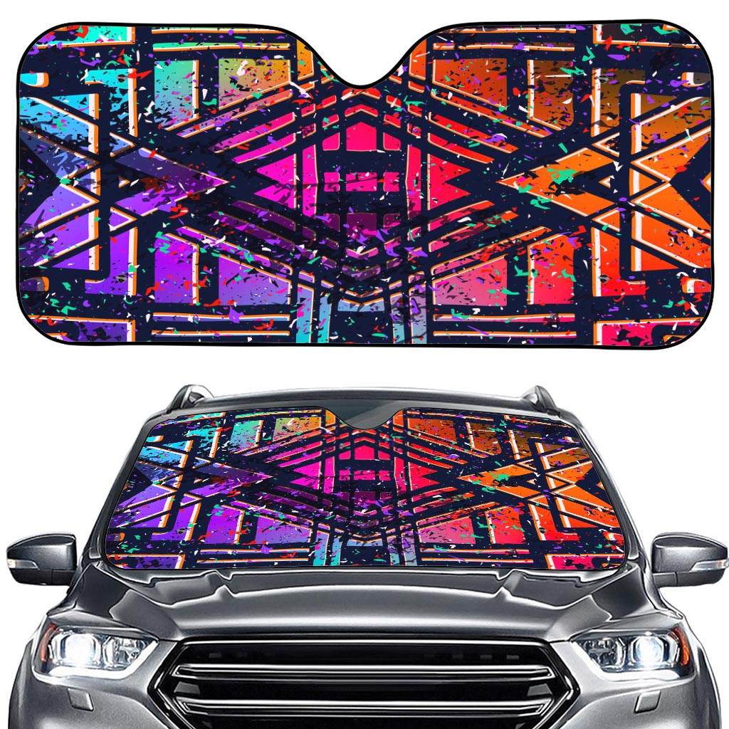 Ethnic Aztec Grunge Trippy Print Car Windshield Sun Shade