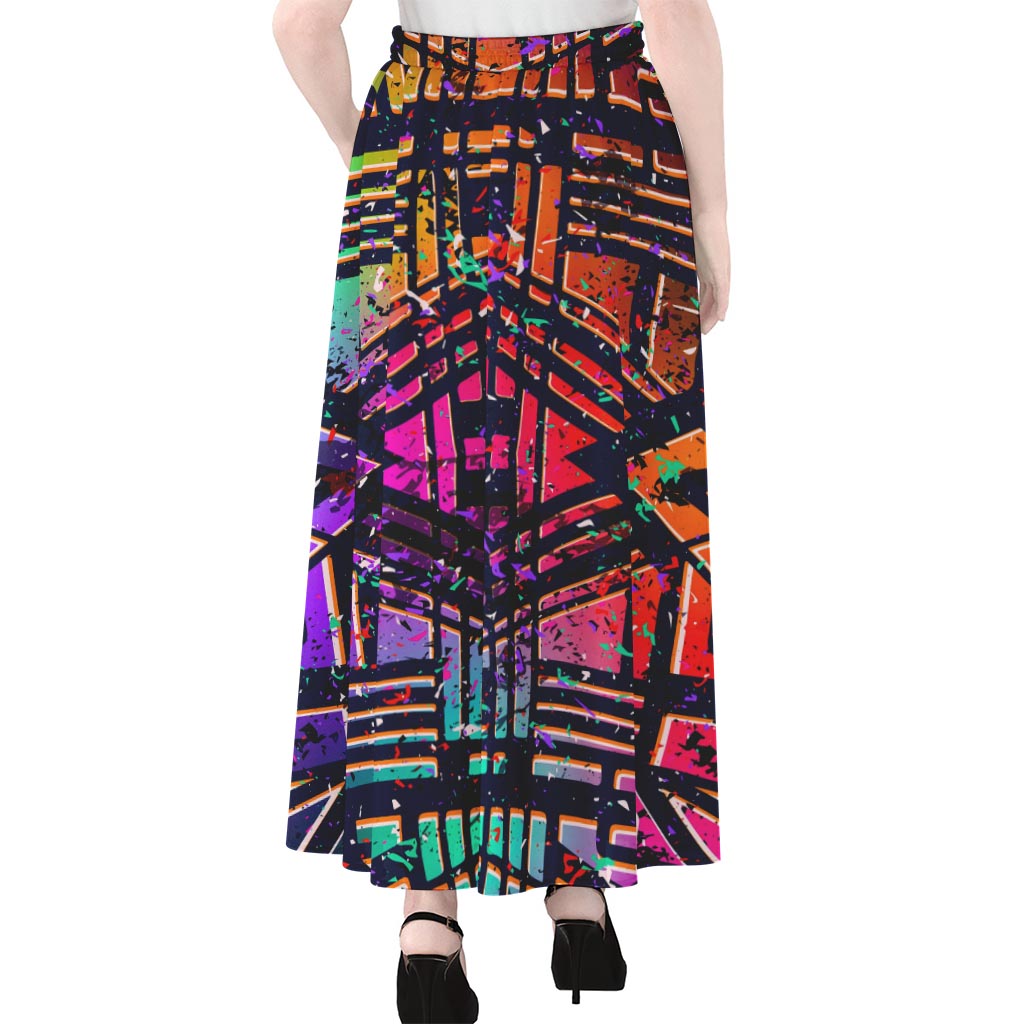 Ethnic Aztec Grunge Trippy Print Chiffon Maxi Skirt