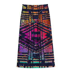 Ethnic Aztec Grunge Trippy Print Cotton Front Slit Maxi Skirt