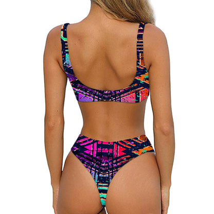 Ethnic Aztec Grunge Trippy Print Front Bow Tie Bikini