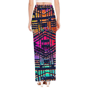 Ethnic Aztec Grunge Trippy Print High Slit Maxi Skirt