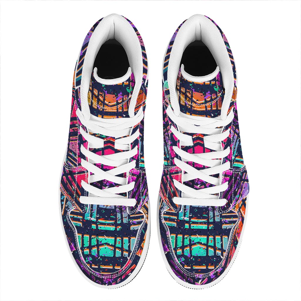 Ethnic Aztec Grunge Trippy Print High Top Leather Sneakers