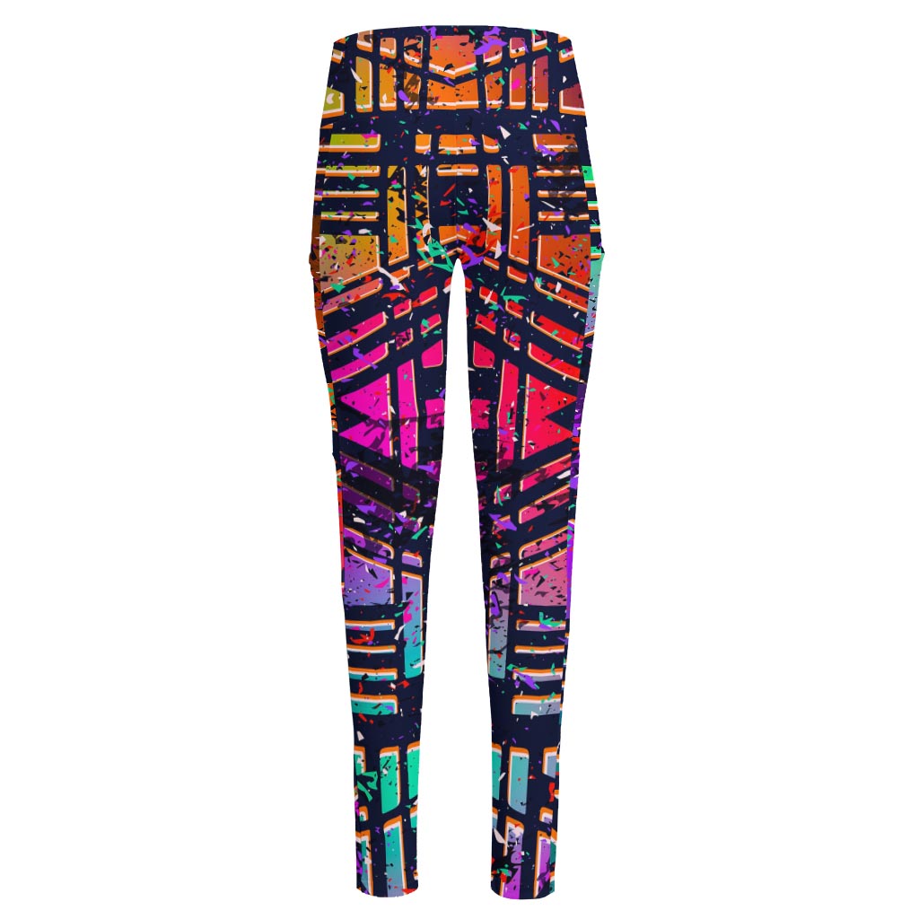 Ethnic Aztec Grunge Trippy Print High-Waisted Pocket Leggings