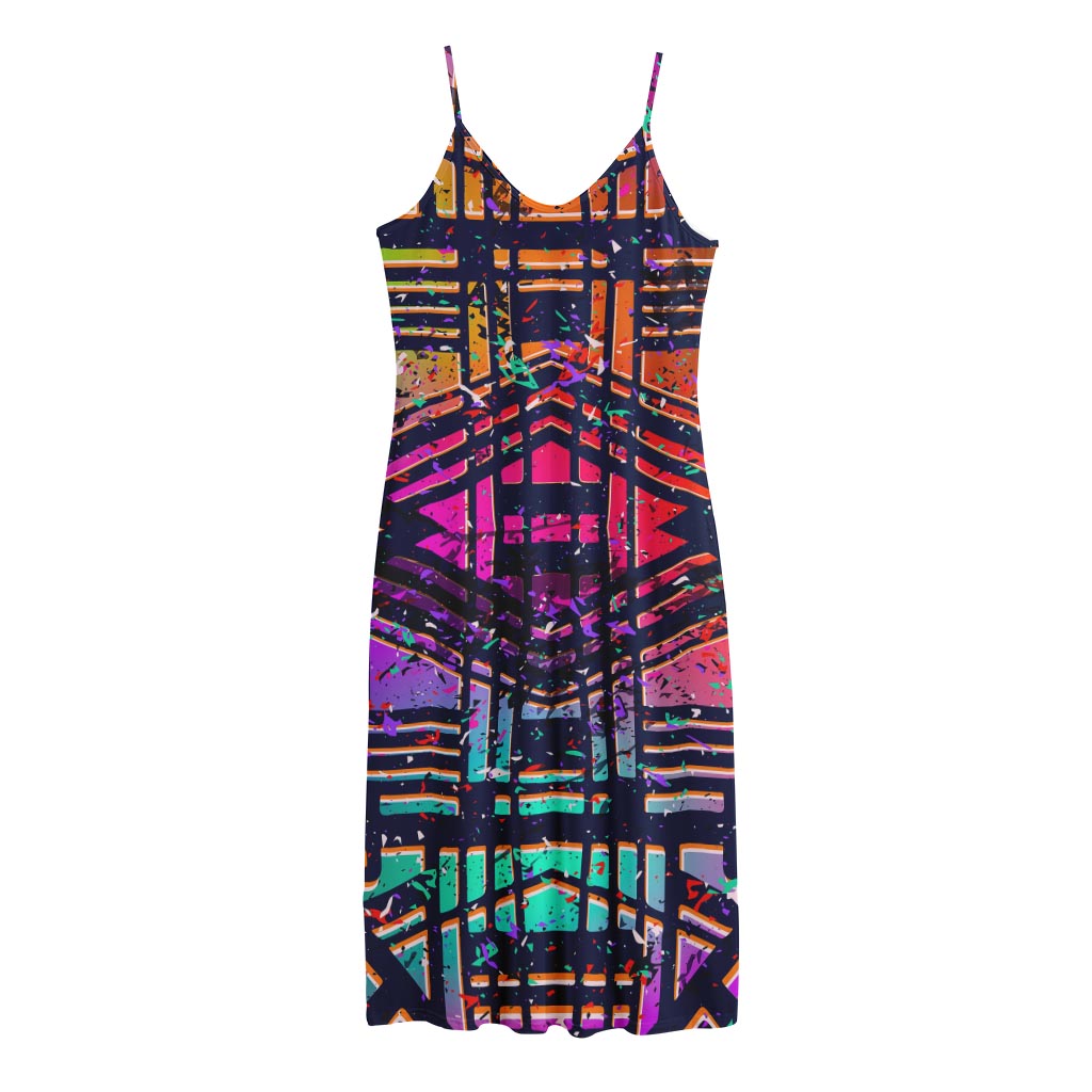Ethnic Aztec Grunge Trippy Print Jersey Midi Cami Dress