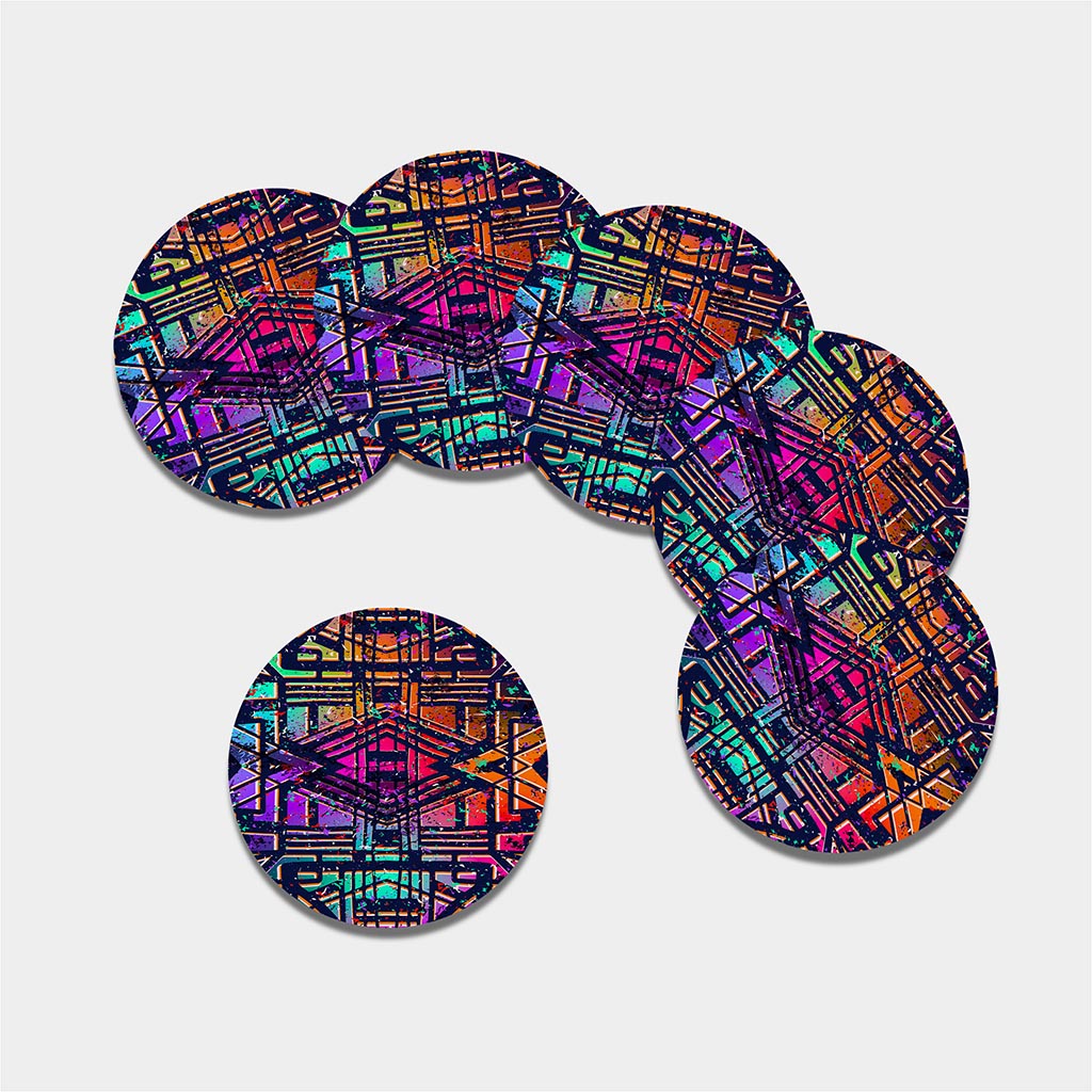 Ethnic Aztec Grunge Trippy Print Leather Coaster Set