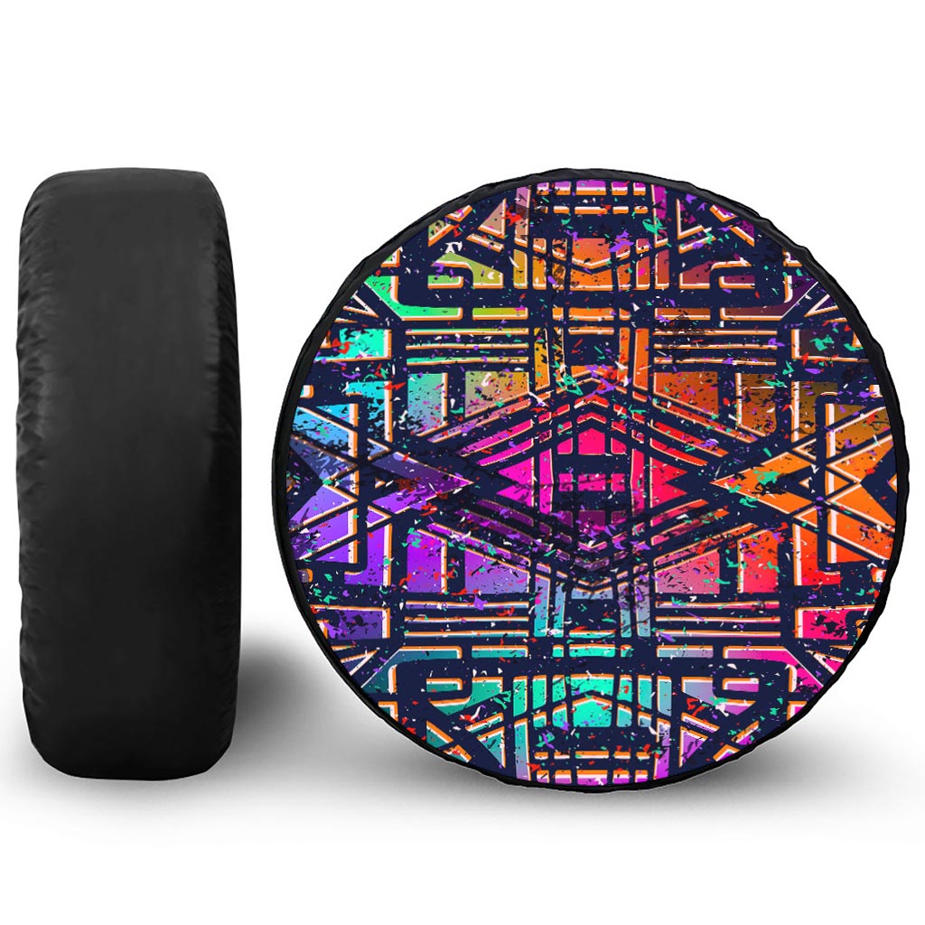 Ethnic Aztec Grunge Trippy Print Leather Spare Tire Cover