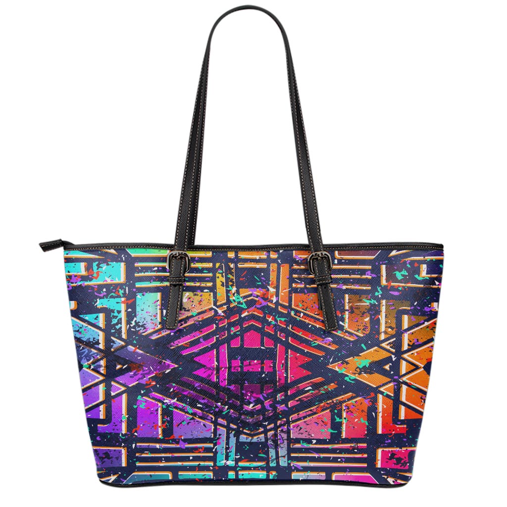 Ethnic Aztec Grunge Trippy Print Leather Tote Bag