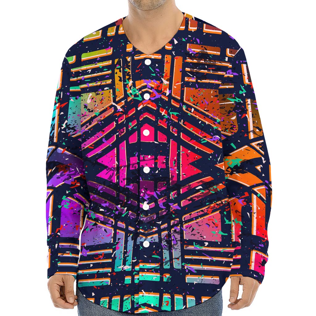 Ethnic Aztec Grunge Trippy Print Long Sleeve Baseball Jersey