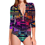 Ethnic Aztec Grunge Trippy Print Long Sleeve Swimsuit
