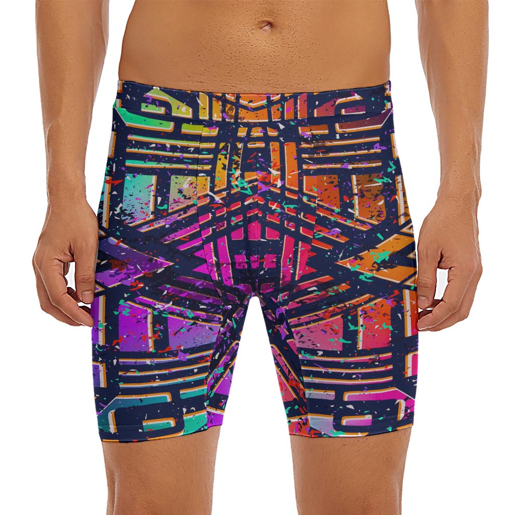 Ethnic Aztec Grunge Trippy Print Men's Long Boxer Briefs