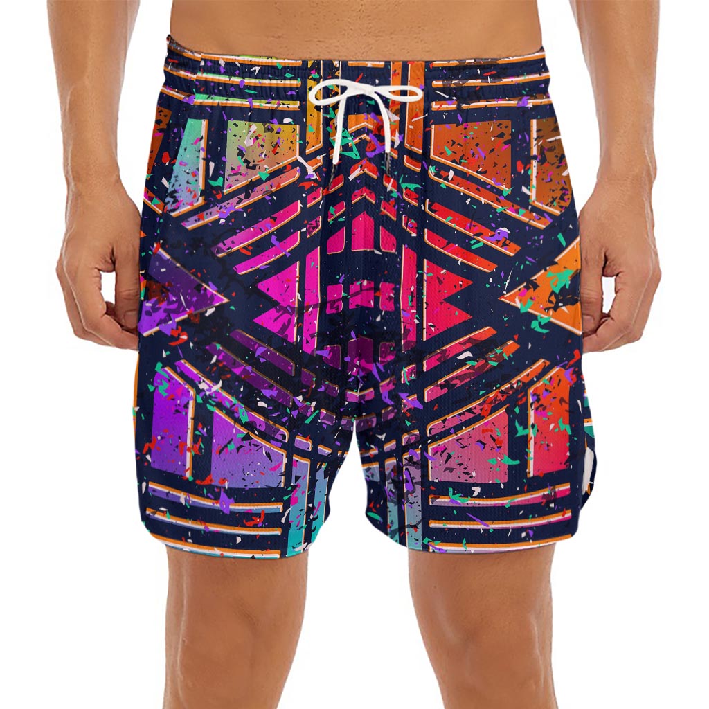 Ethnic Aztec Grunge Trippy Print Men's Split Running Shorts