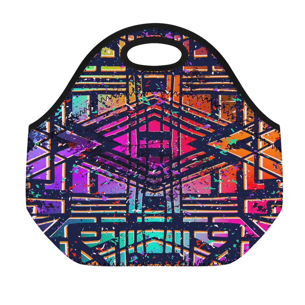 Ethnic Aztec Grunge Trippy Print Neoprene Lunch Bag