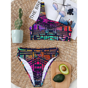 Ethnic Aztec Grunge Trippy Print One Shoulder Bikini Top