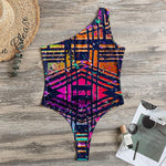 Ethnic Aztec Grunge Trippy Print One Shoulder Bodysuit