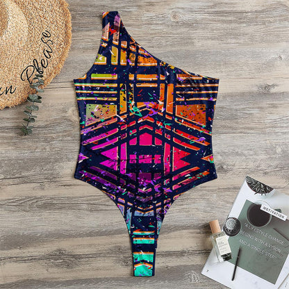 Ethnic Aztec Grunge Trippy Print One Shoulder Bodysuit