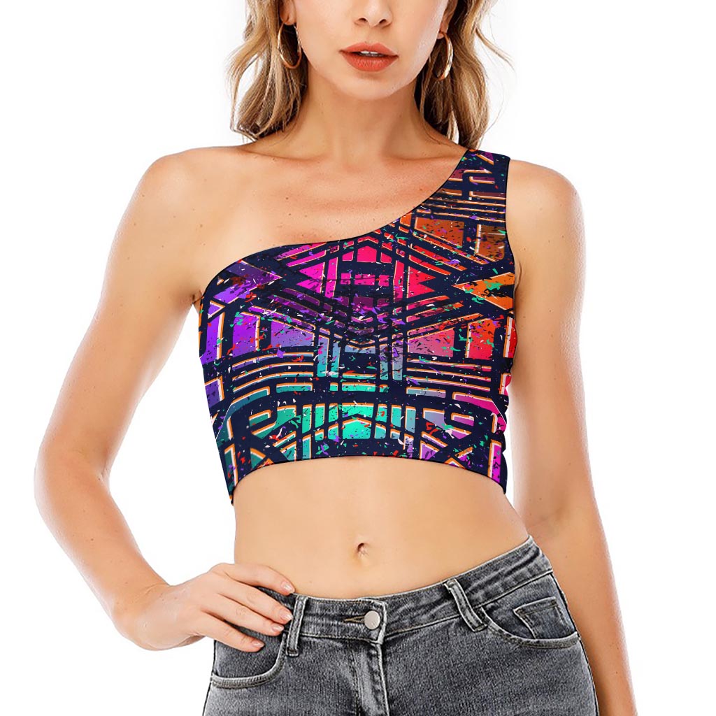 Ethnic Aztec Grunge Trippy Print One Shoulder Crop Top