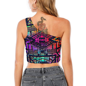 Ethnic Aztec Grunge Trippy Print One Shoulder Crop Top