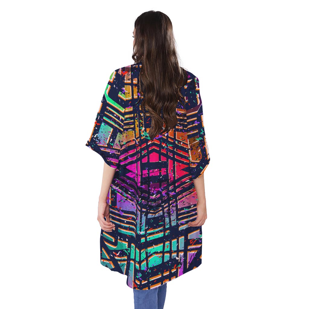 Ethnic Aztec Grunge Trippy Print Open Front Beach Cover Up