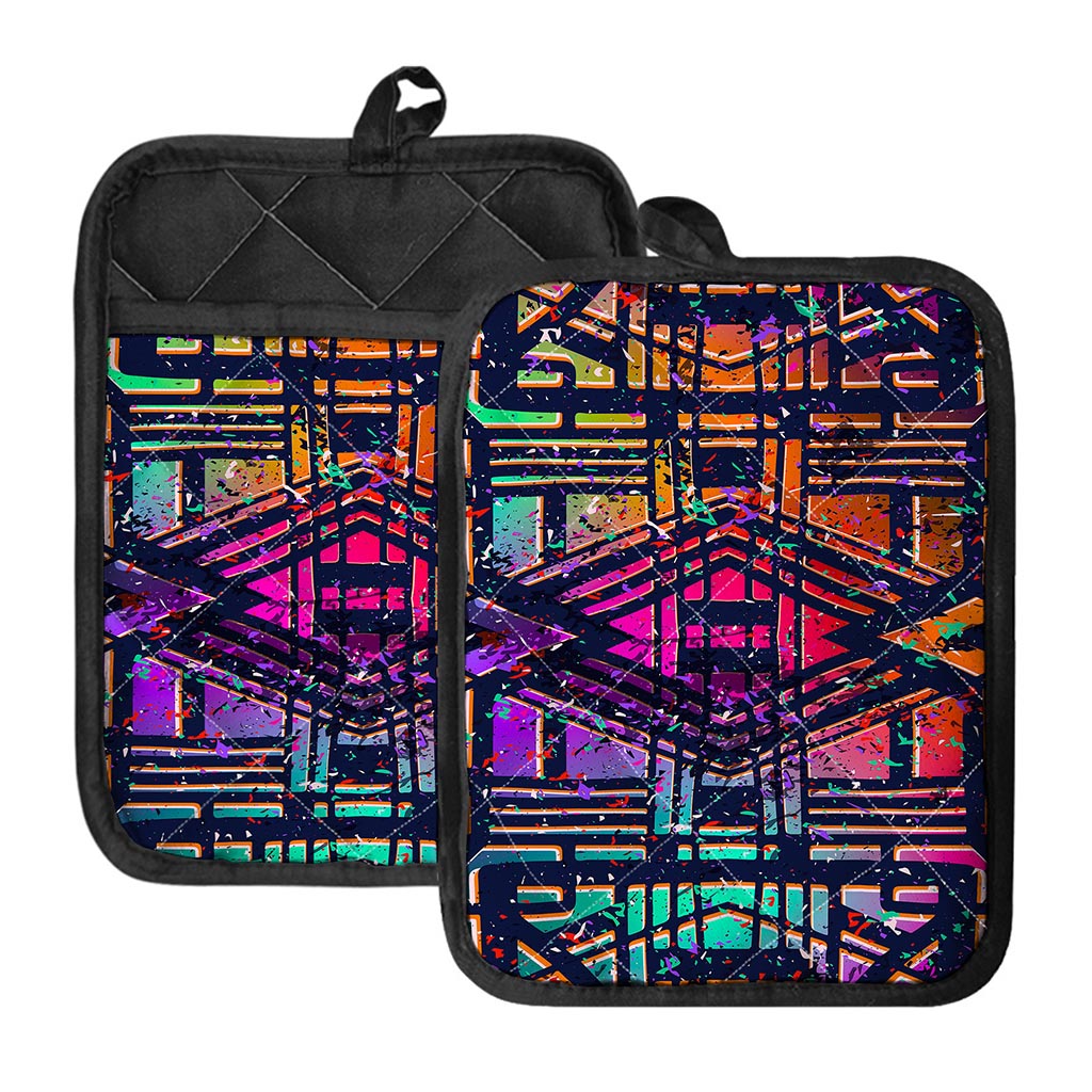 Ethnic Aztec Grunge Trippy Print Pot Holders With Pocket