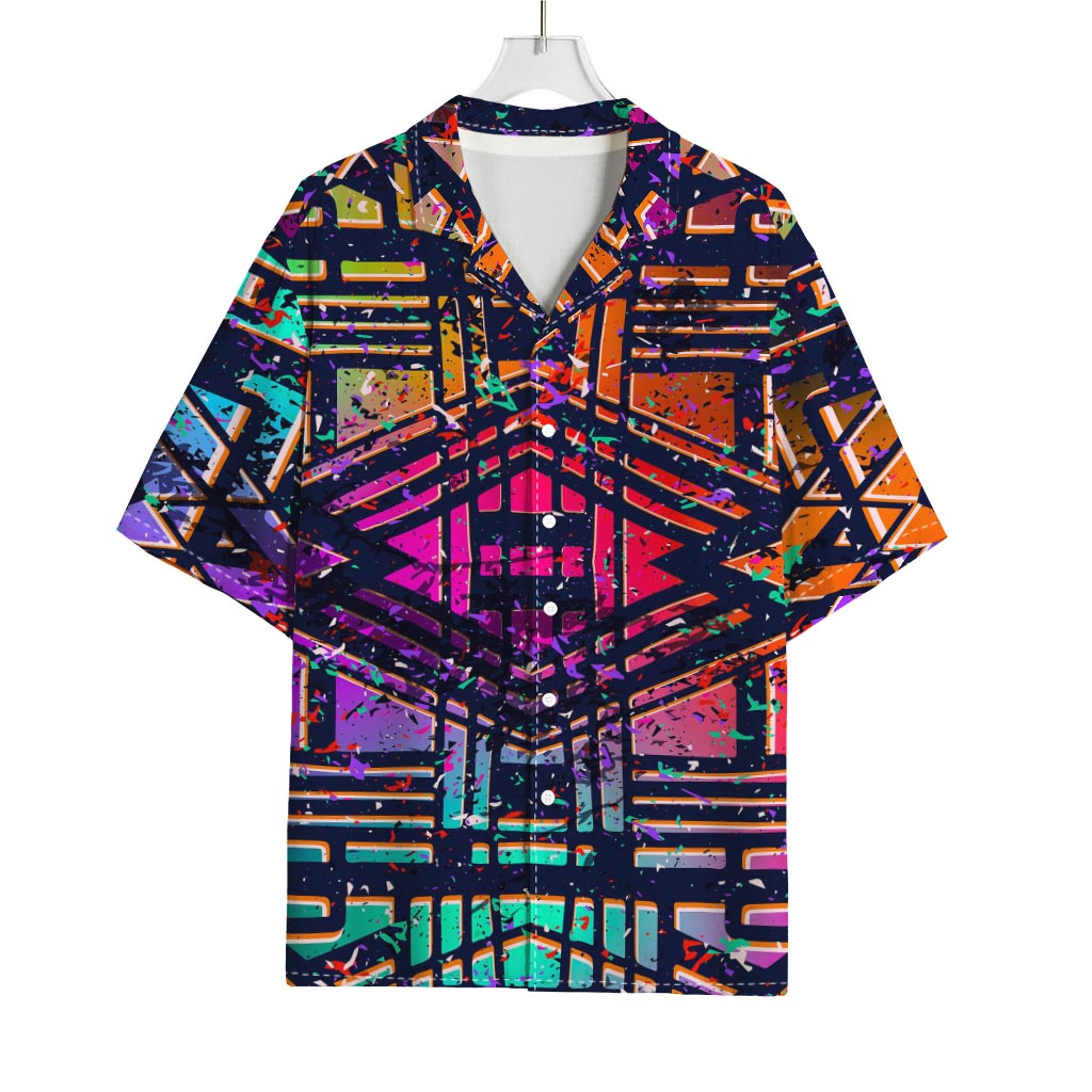 Ethnic Aztec Grunge Trippy Print Rayon Hawaiian Shirt